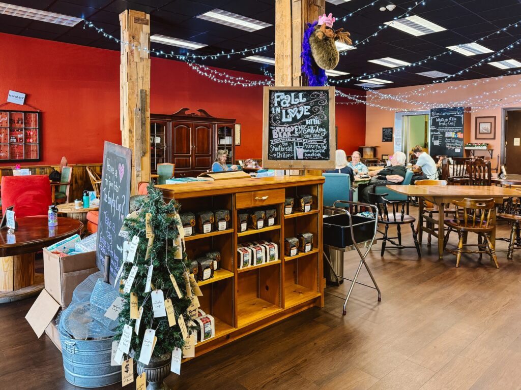 Cozy interior of The Empty Cup coffee shop in Knoxville, which donates all net profits to adoption and foster care services and programs
