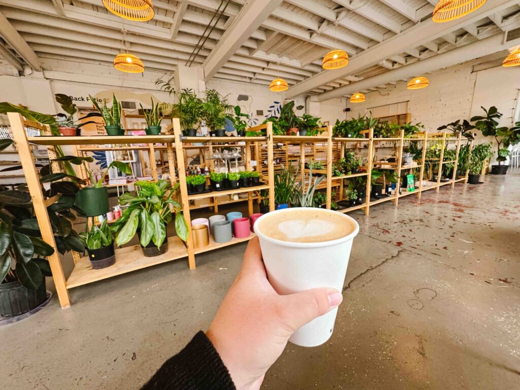 Woman holding out a to-go cup of coffee with heart latte art with shelves of planters behind in a plant coffee shop in Knoxville