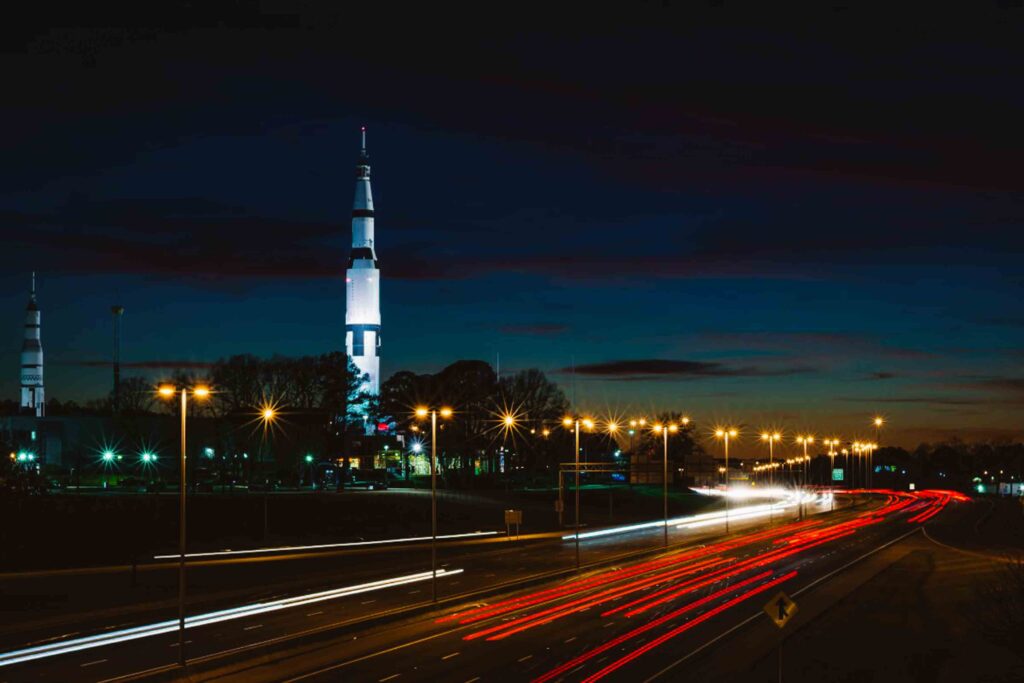 Night view and long exposure of Huntsville Space and Rocket Center